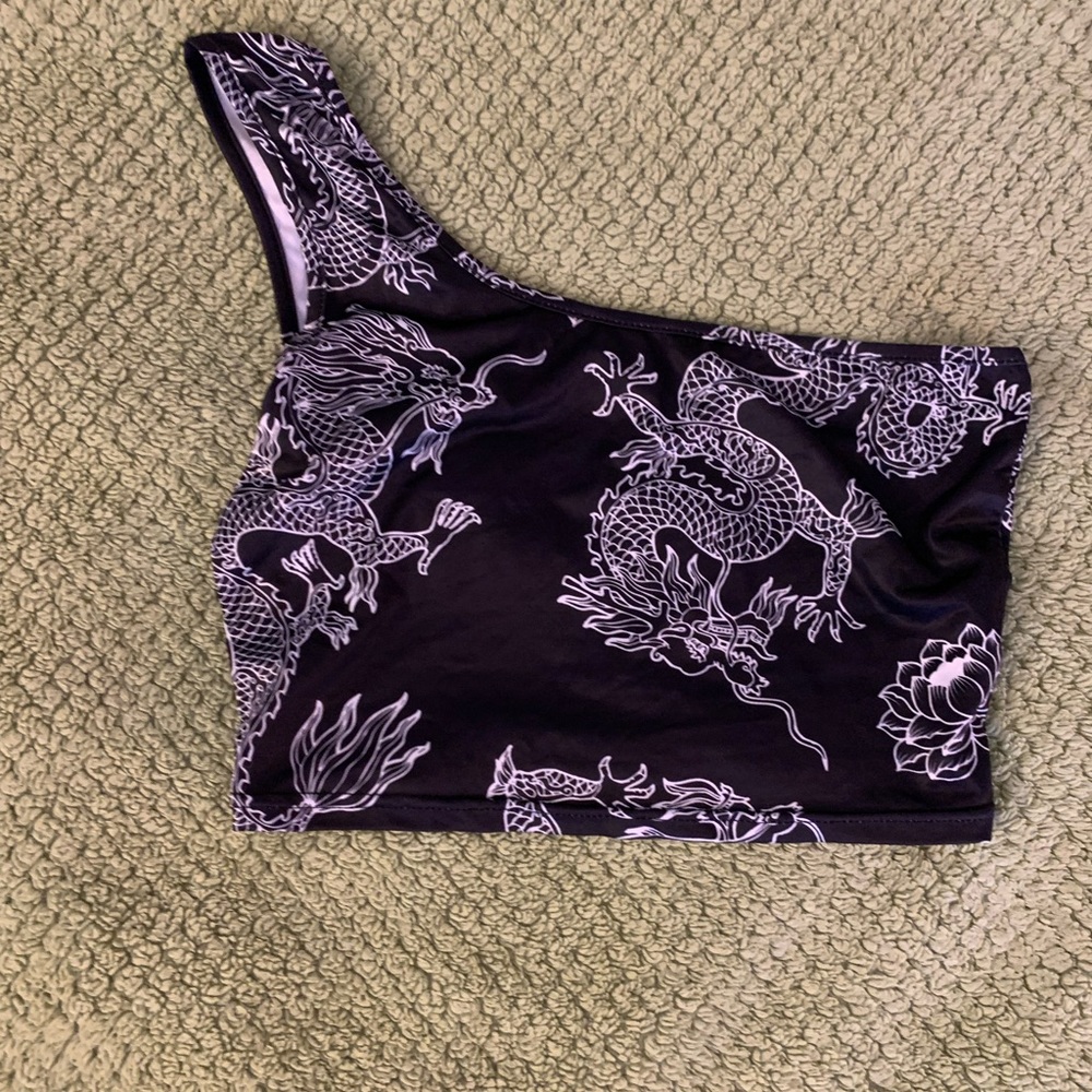Shein One Shoulder Dragon Print Crop Top